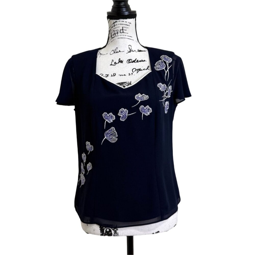 Jacques Vert Women's Size 10 Blouse Navy Blue Short Sleeve Top Floral Embroidery